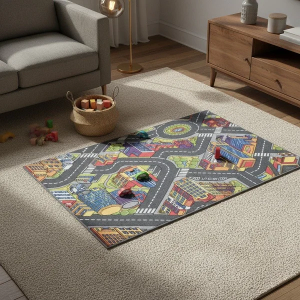 Covor pentru copii cu design urban anti-alunecare, 95×200 cm, REBEL ROADS Urban life 97