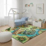 Covor pentru copii cu dinozauri, gri verde 95×200 cm, REBEL ROADS Dino World