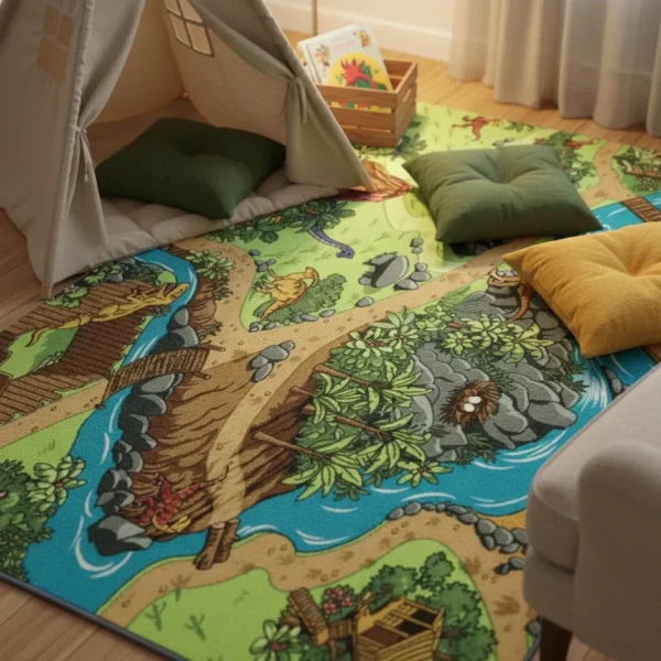 Covor pentru copii cu dinozauri, gri verde 95×200 cm, REBEL ROADS Dino World