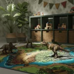 Covor pentru copii cu dinozauri, gri verde 95×200 cm, REBEL ROADS Dino World