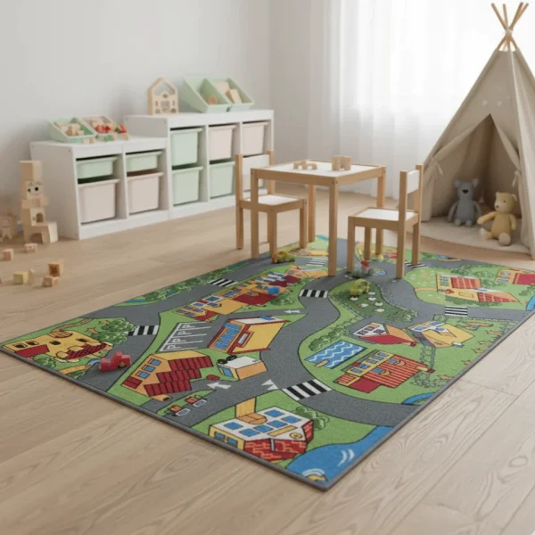 Covor pentru copii cu model oras, Rebel Roads Village life, AW, 95 x 133 cm