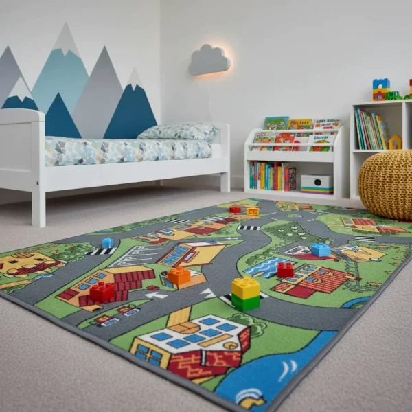 Covor pentru copii cu model oras, Village Life anti-alunecare, 95 x 200 cm, Rebel Roads AW