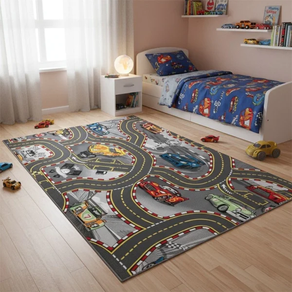 Covor de joacă pentru copii gri cu circuit auto, Tales of Speed, 140x200 cm
