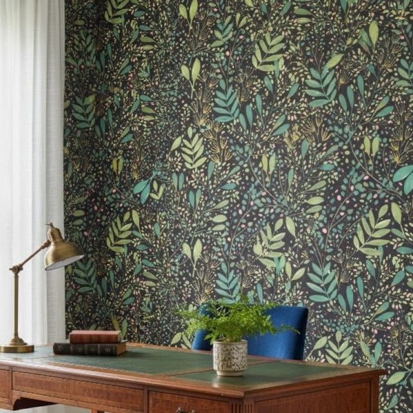 Tapet vinil negru cu frunziș multicolor pe fond negru, Green Life Joy Caselio, 54 cm x 10.05 m