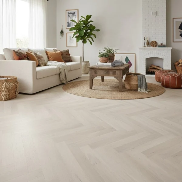 Parchet triplustratificat crem din stejar, Trivor Herringbone Barlinek 130x725x14 mm