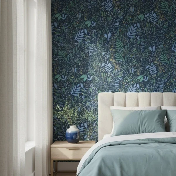 Tapet vinil albastru indigo cu frunziș botanic multicolor, Green Life Joy Caselio, 53 cm x 10.05 m