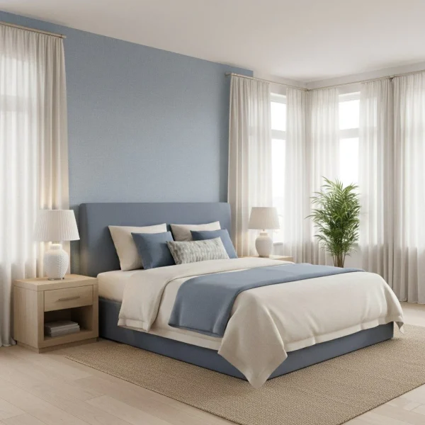 Tapet vinil bleu cu aspect de țesătură denim, Bleu denim, Uni Mat Caselio, 54 cm x 10.05 m