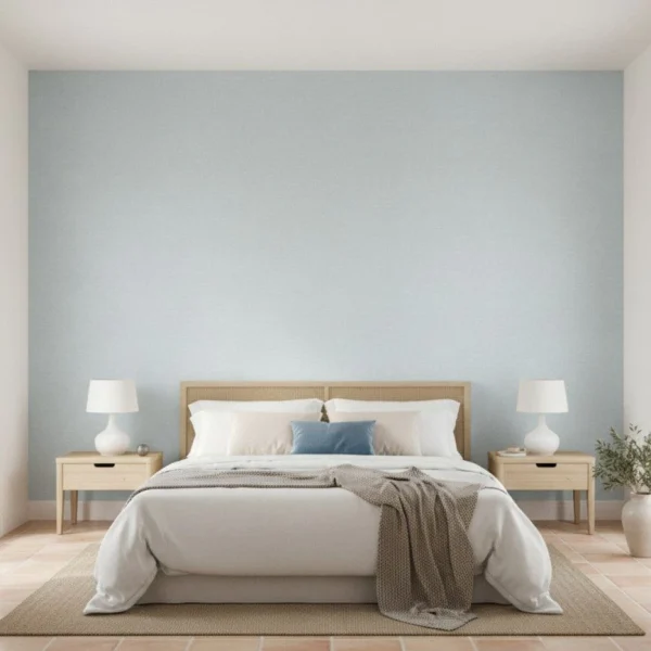 Tapet vinil bleu fumuriu cu textură de in, Bleu fumee, Uni Mat Caselio, 10.05m x 54cm
