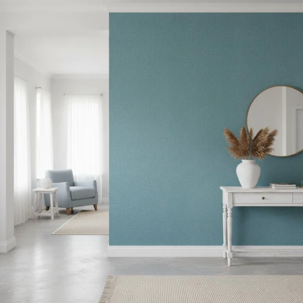 Tapet vinil bleu ocean cu textură de in, Bleu ocean, Uni Mat Caselio, 54 cm x 10.05 m