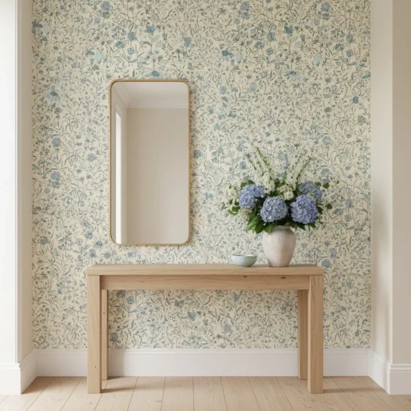 Tapet vinil crem cu flori albastre delicate, Jardin de Giverny, Caselio, 53 x 10.05 m