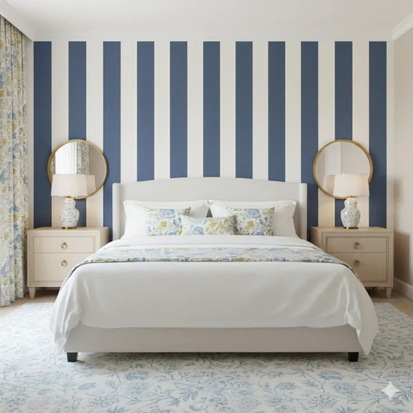 Tapet vinil cu dungi bleu denim texturat, Linen Lines Caselio, 53 cm x 10.05 m