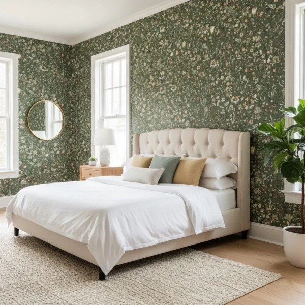 Tapet vinil pe suport non-woven verde englezesc cu model floral multicolor, Jardin de Giverny Caselio, 10.05 m x 54 cm