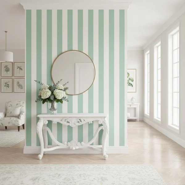 Tapet vinil verde mentă cu dungi și aspect textil, Vert menthe, Linen Lines Caselio, 53x1005 cm