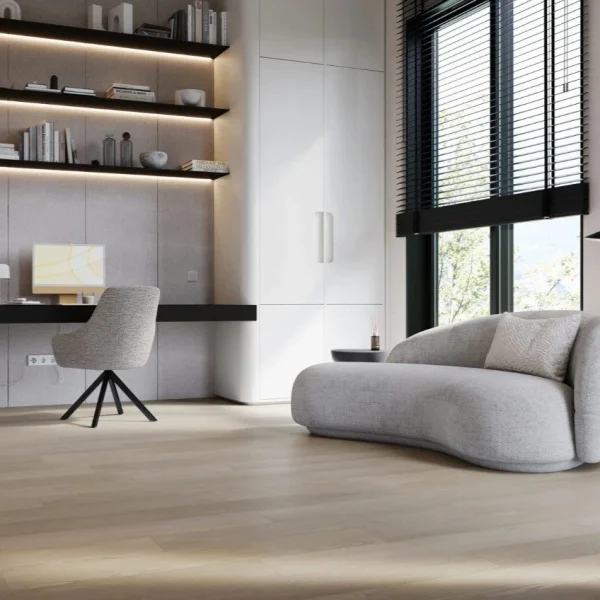 Parchet SPC bej deschis cu aspect fin de lemn, Linen, Dawn 2 Dusk, VinylTechLab, 6x180x1220 mm