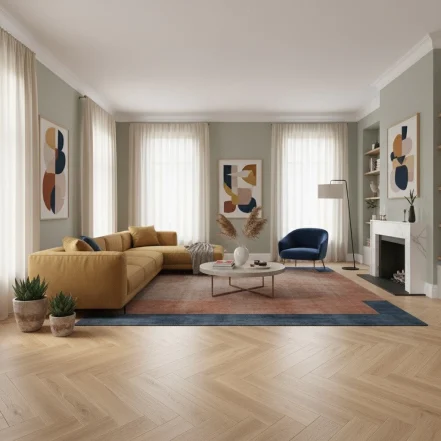 Parchet Louvre cu decor deschis de stejar în spic, într-un living cu canapea galbenă
