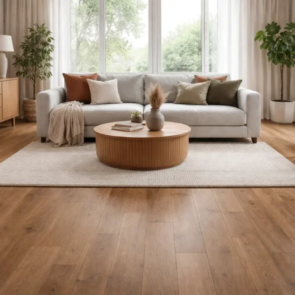 Pardoseală SPC maro închis cu textură de stejar periat, Arbiton Woodric Acoustic EIR, CWSA 211