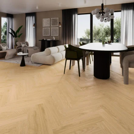 Parchet SPC herringbone stejar Benjamin Aura Next Step, substrat integrat, Barlinek, 639 × 128 × 5,2 mm