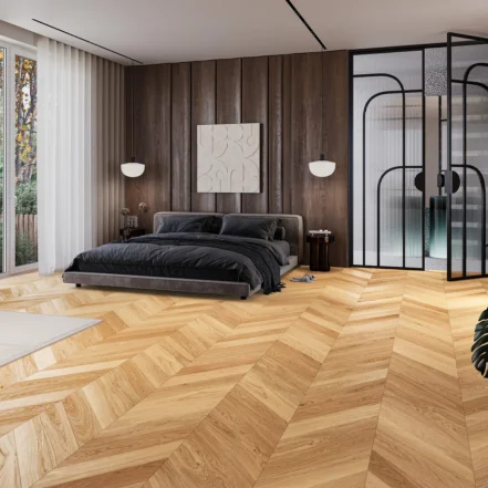 Parchet triplu stratificat stejar chevron Caramel Barlinek montat într-o cameră