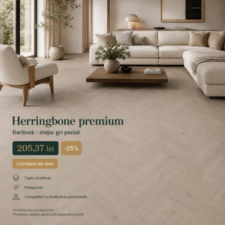 Parchet triplu stratificat herringbone stejar gri periat, Marzipan Muffin, Barlinek, 725×130×14 mm, lichidare stoc - Lichidare de stoc