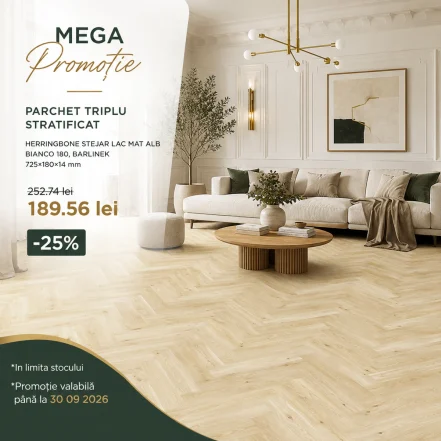 Parchet triplu stratificat herringbone stejar lac mat alb, Bianco 180, Barlinek, 725×180×14 mm - Lichidare de stoc